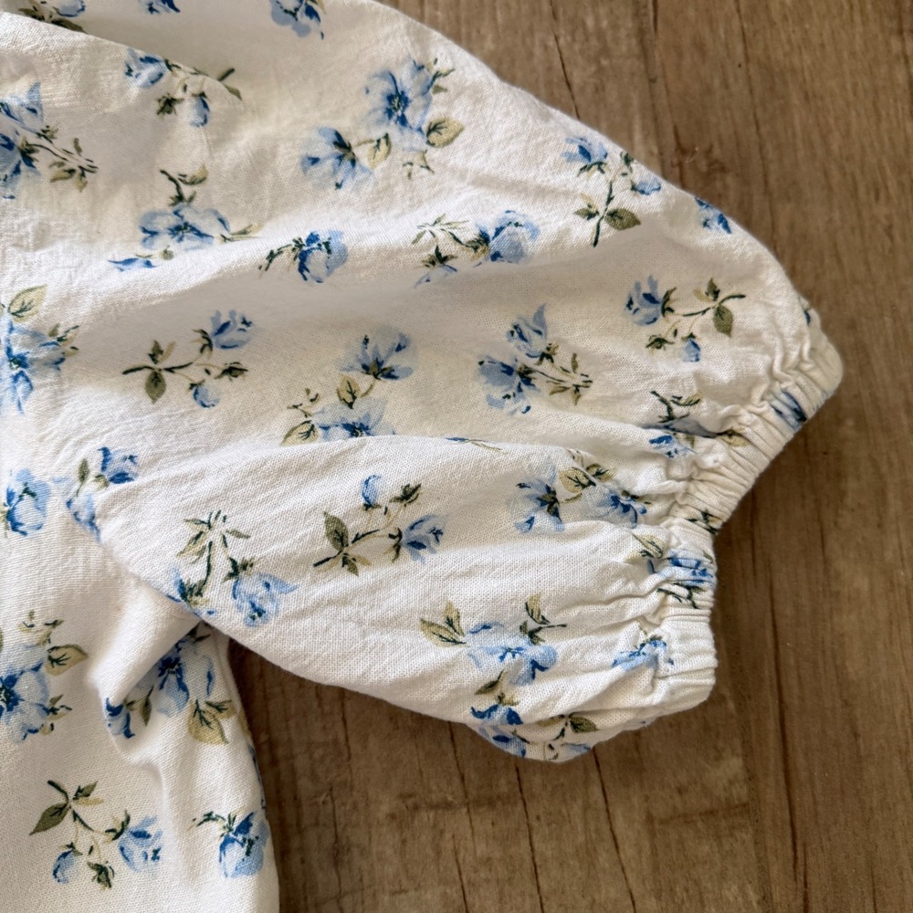 Old Navy Floral Puff Sleeve Button Up Mini Dress White Blue Square Neck Smocked - Picture 4 of 12